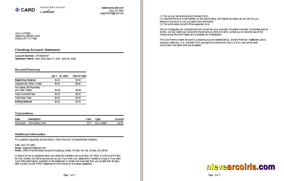 USA TX Card premium bank account statement scr